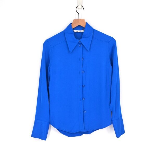 Zara Satin Effect Button Down Shirt Point Collar Long Sleeve Wide Cuff Blue S - Picture 2 of 10